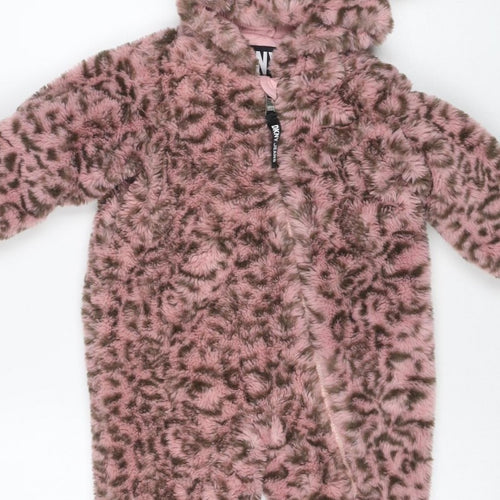 DKNY Girls Pink Leopard Faux Fur Coat 6-9 Months Hooded Long Sleeve
