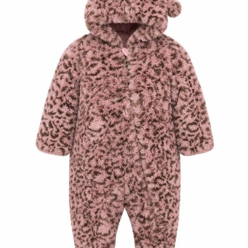 DKNY Girls Pink Leopard Faux Fur Coat 6-9 Months Hooded Long Sleeve
