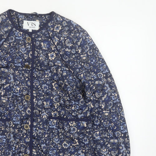 VRS Woman Women's Blue Floral Quilted Jacket Size S Button Padded