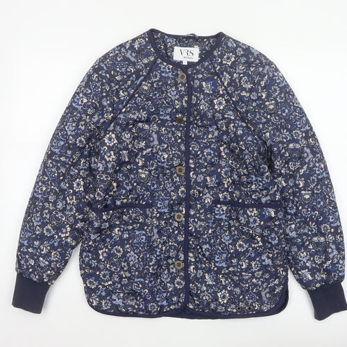 VRS Woman Women's Blue Floral Quilted Jacket Size S Button Padded