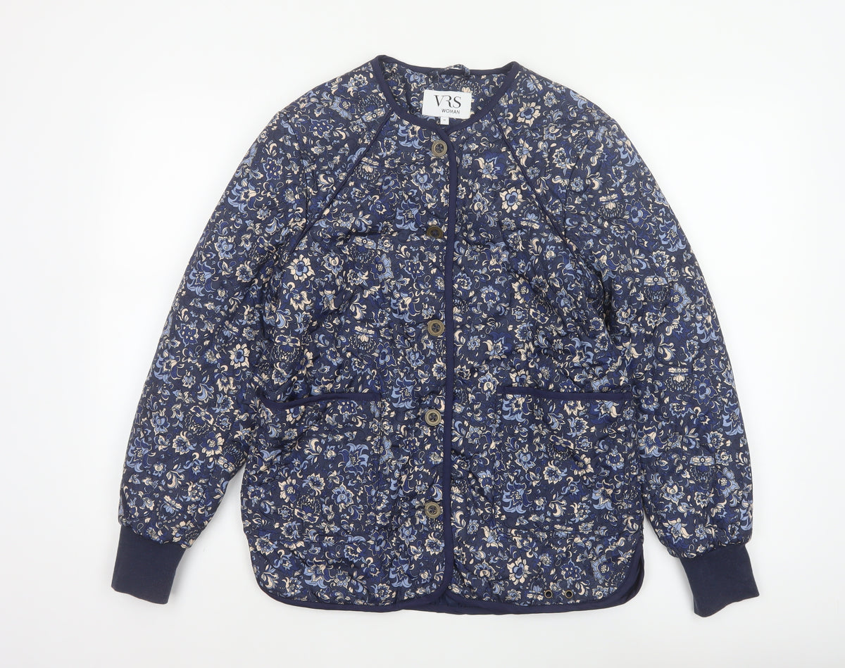 VRS Woman Women's Blue Floral Quilted Jacket Size S Button Padded