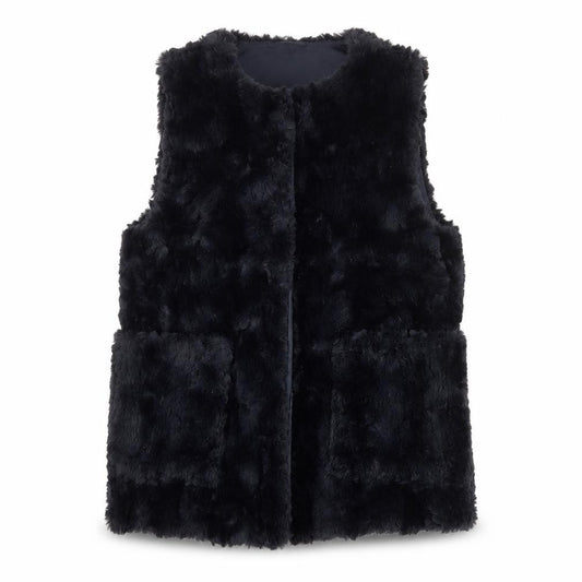 Front view of Zara girls’ black basic jacket 11-12 years faux fur lined waistcoat