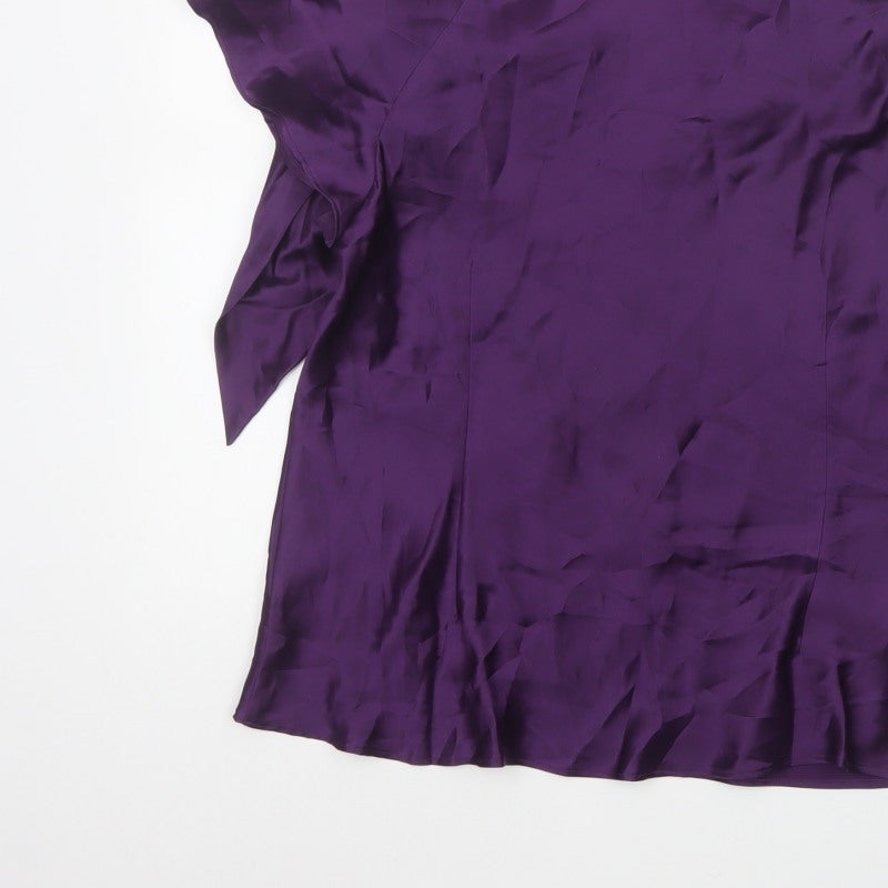 Laura Ashley Women Purple UK 16 Silk Wrap Blouse Tie Neck Flutter Sleeve