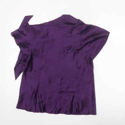 Laura Ashley Women Purple UK 16 Silk Wrap Blouse Tie Neck Flutter Sleeve
