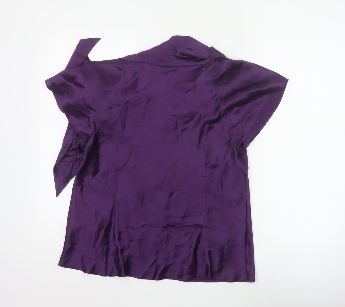 Laura Ashley Women Purple UK 16 Silk Wrap Blouse Tie Neck Flutter Sleeve
