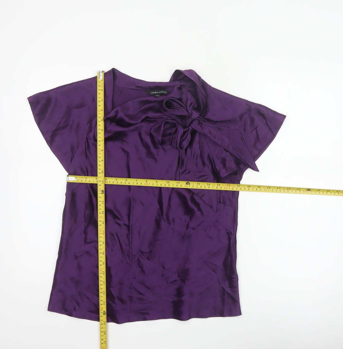 Laura Ashley Women Purple UK 16 Silk Wrap Blouse Tie Neck Flutter Sleeve
