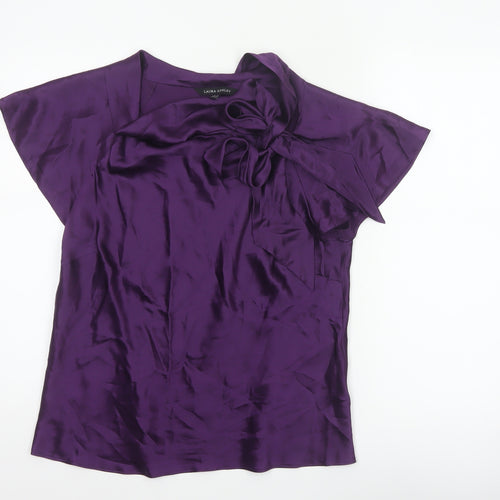 Laura Ashley Women Purple UK 16 Silk Wrap Blouse Tie Neck Flutter Sleeve