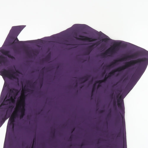 Laura Ashley Women Purple UK 16 Silk Wrap Blouse Tie Neck Flutter Sleeve
