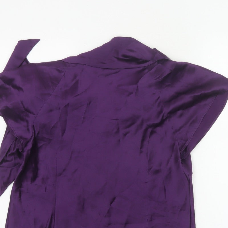 Laura Ashley Women Purple UK 16 Silk Wrap Blouse Tie Neck Flutter Sleeve