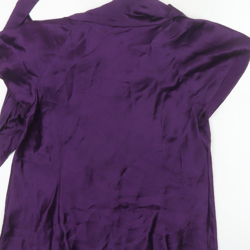 Laura Ashley Women Purple UK 16 Silk Wrap Blouse Tie Neck Flutter Sleeve