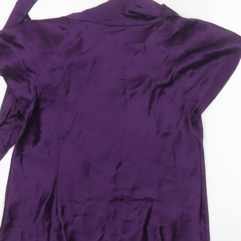 Laura Ashley Women Purple UK 16 Silk Wrap Blouse Tie Neck Flutter Sleeve