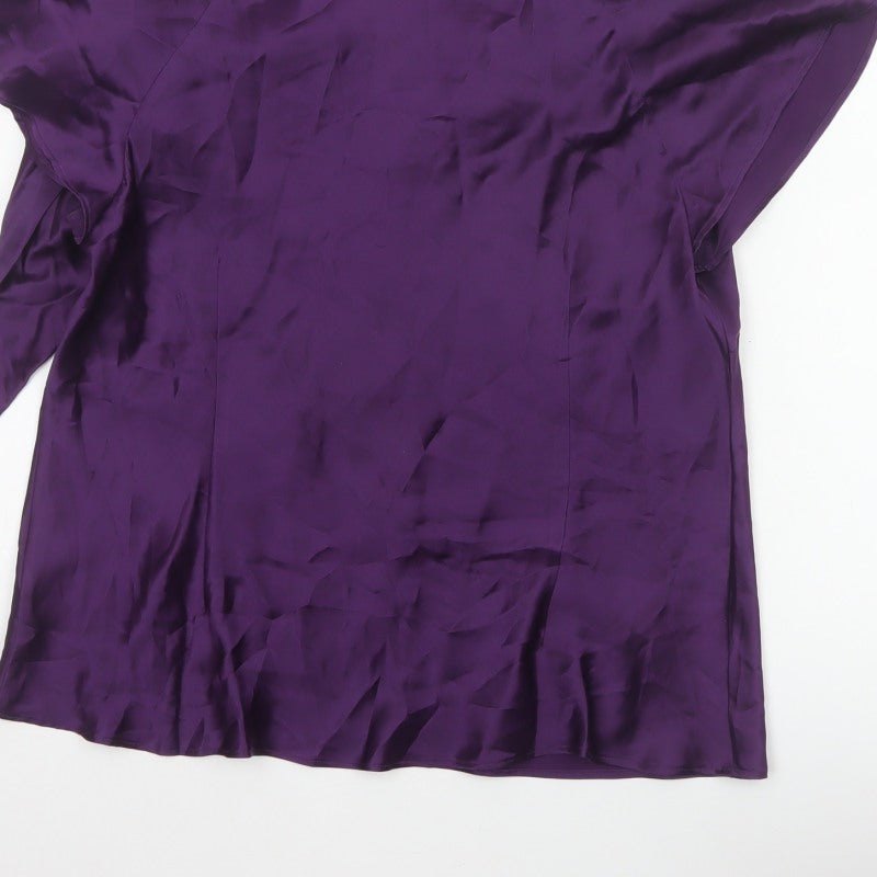 Laura Ashley Women Purple UK 16 Silk Wrap Blouse Tie Neck Flutter Sleeve