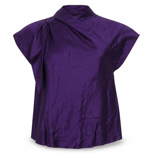 Laura Ashley Women Purple UK 16 Silk Wrap Blouse Tie Neck Flutter Sleeve