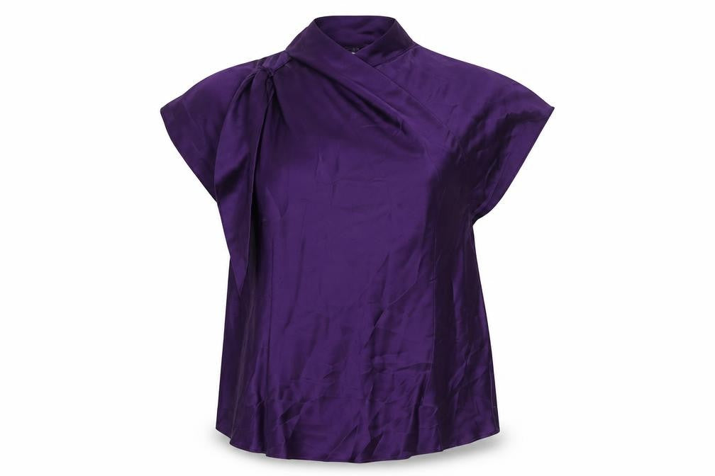 Laura Ashley Women Purple UK 16 Silk Wrap Blouse Tie Neck Flutter Sleeve
