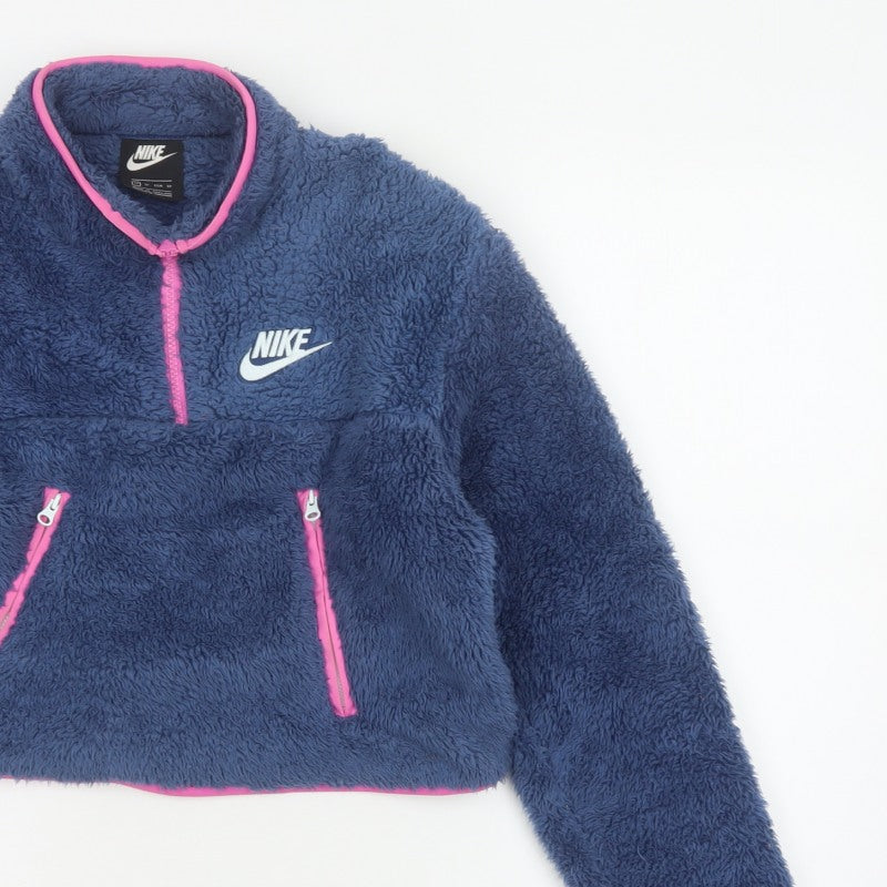 Nike Women’s Blue XS 1/4 Zip Sherpa Fleece Sweatshirt Pink Trim