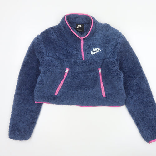 Nike Women’s Blue XS 1/4 Zip Sherpa Fleece Sweatshirt Pink Trim