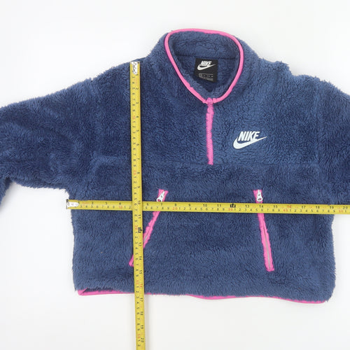 Nike Women’s Blue XS 1/4 Zip Sherpa Fleece Sweatshirt Pink Trim