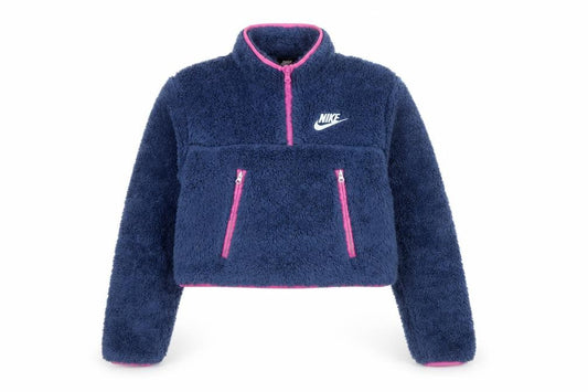 Front view of Nike Women’s Blue XS 1/4 Zip Sherpa Fleece Sweatshirt Pink Trim