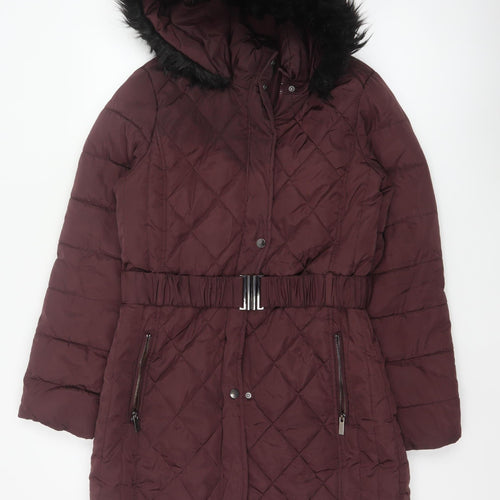 Dorothy Perkins Women Red UK 12 Quilted Belted Faux Fur Hood Puffer Coat