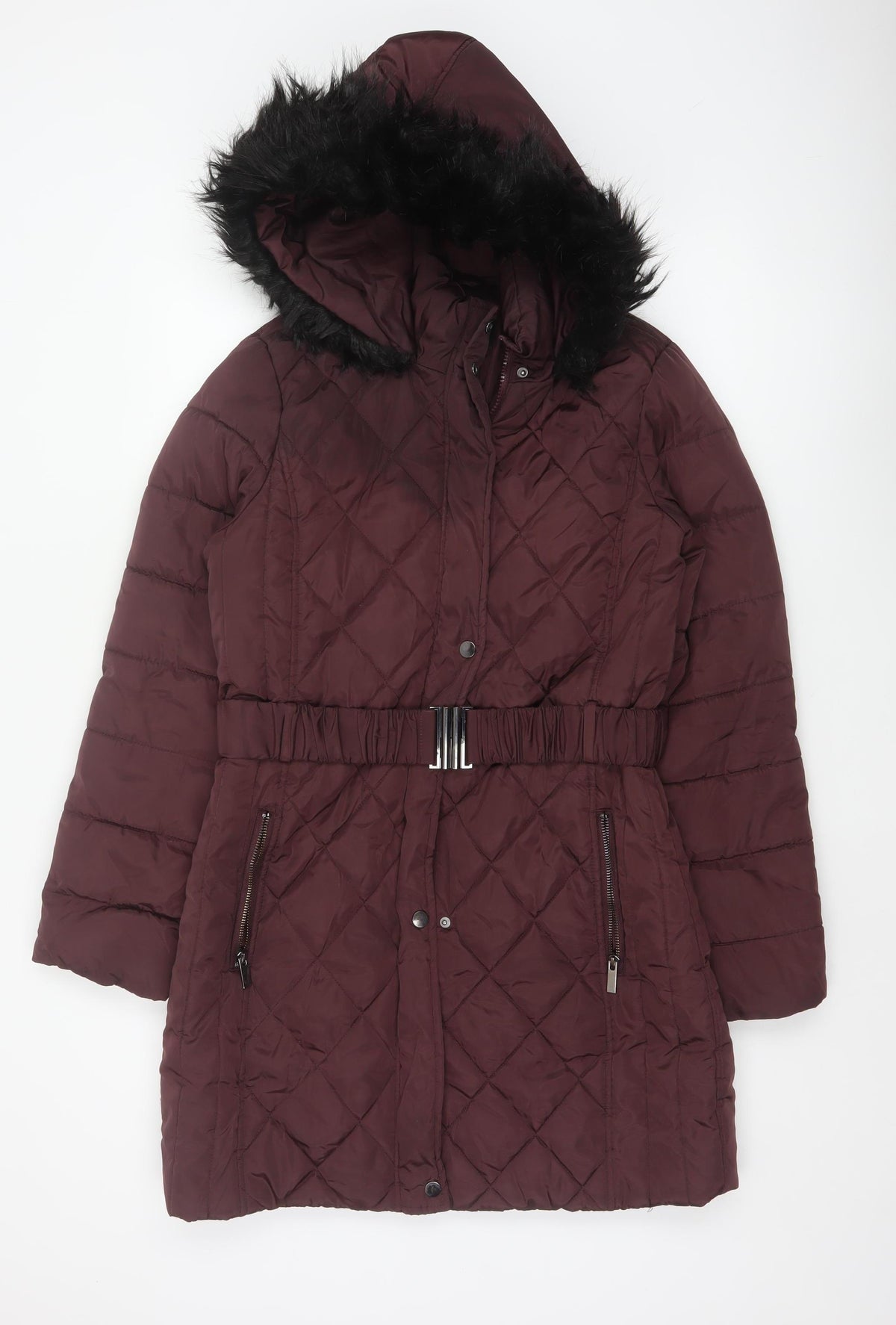 Dorothy Perkins Women Red UK 12 Quilted Belted Faux Fur Hood Puffer Coat