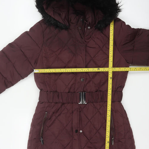 Dorothy Perkins Women Red UK 12 Quilted Belted Faux Fur Hood Puffer Coat