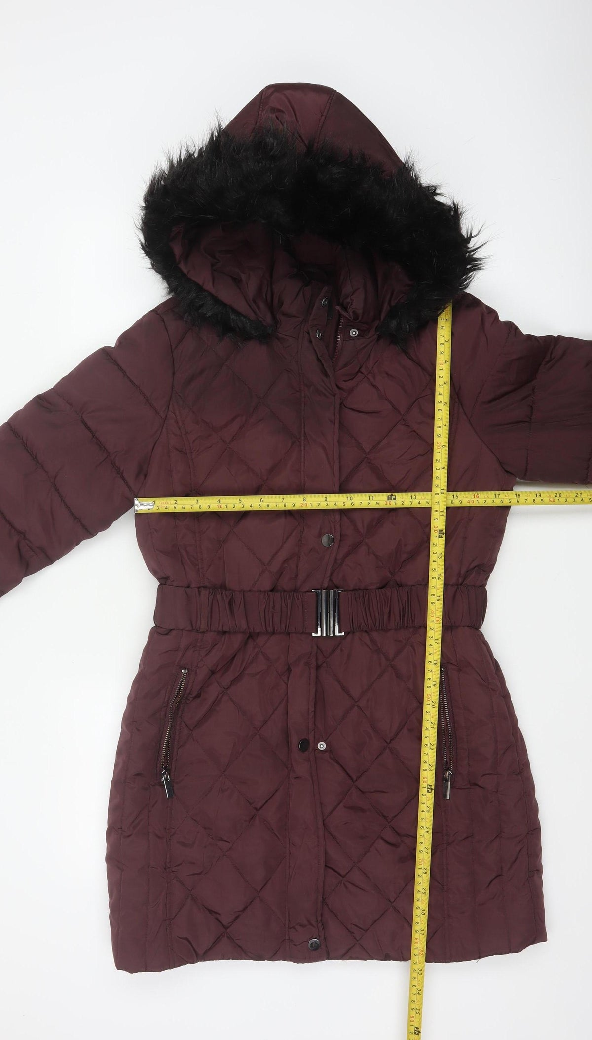Dorothy Perkins Women Red UK 12 Quilted Belted Faux Fur Hood Puffer Coat