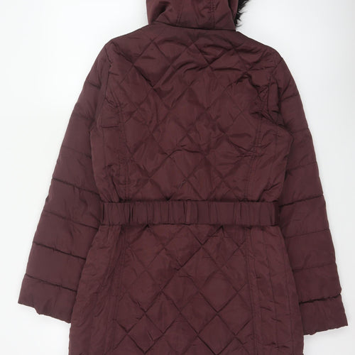 Dorothy Perkins Women Red UK 12 Quilted Belted Faux Fur Hood Puffer Coat