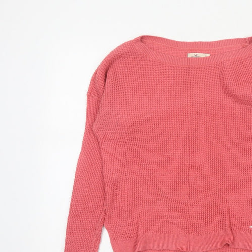 Hollister Women Pink S Waffle Knit Crew Neck Logo Pullover Jumper