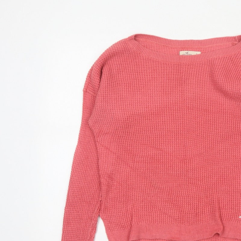 Hollister Women Pink S Waffle Knit Crew Neck Logo Pullover Jumper