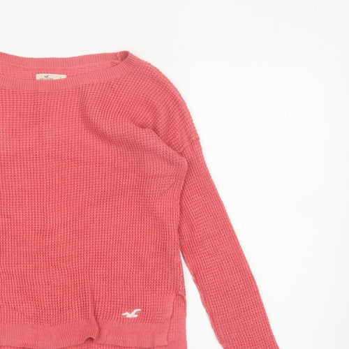 Hollister Women Pink S Waffle Knit Crew Neck Logo Pullover Jumper