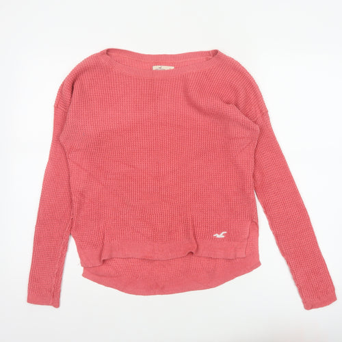 Hollister Women Pink S Waffle Knit Crew Neck Logo Pullover Jumper