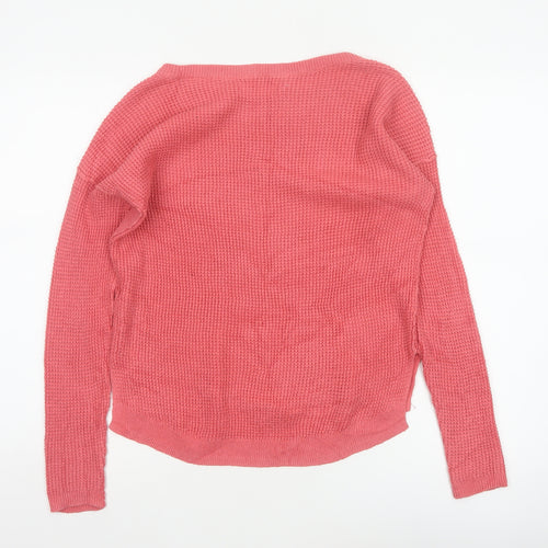 Hollister Women Pink S Waffle Knit Crew Neck Logo Pullover Jumper