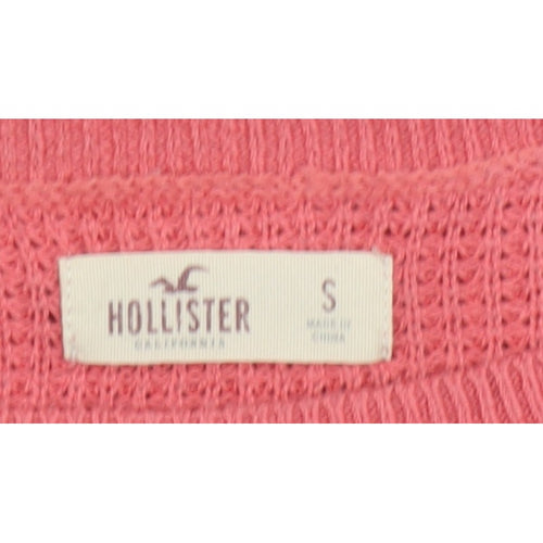 Hollister Women Pink S Waffle Knit Crew Neck Logo Pullover Jumper