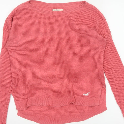 Hollister Women Pink S Waffle Knit Crew Neck Logo Pullover Jumper