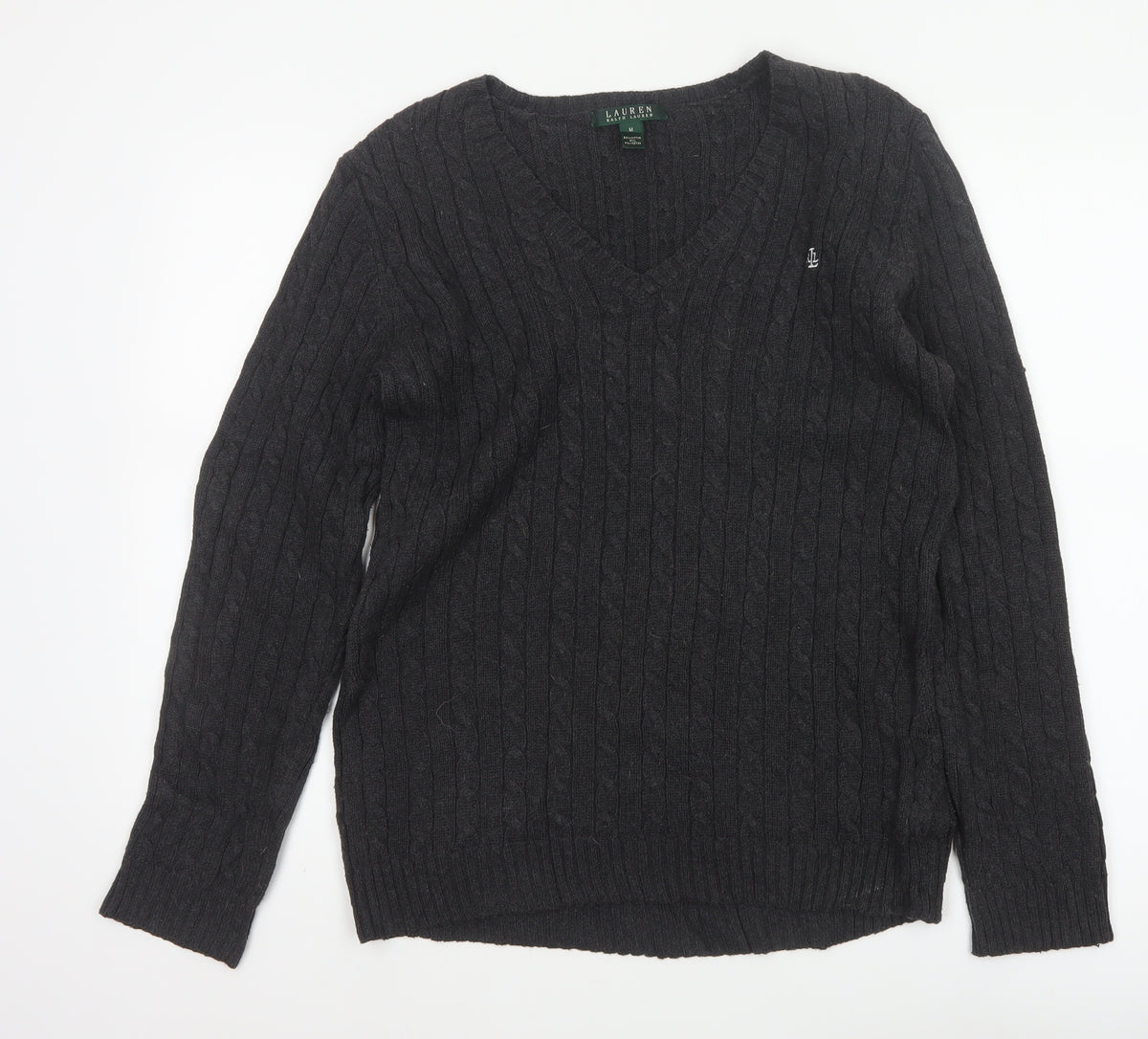 Lauren Ralph Lauren Men Black M Cable Knit V-Neck Logo Jumper