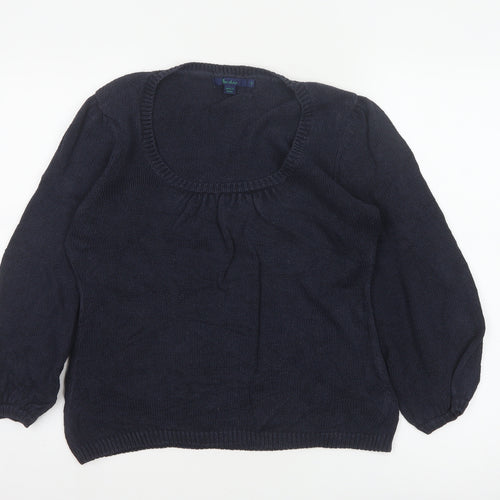 Boden Women Blue UK 12 Linen Silk Cable Knit Scoop Neck Balloon Sleeve Jumper