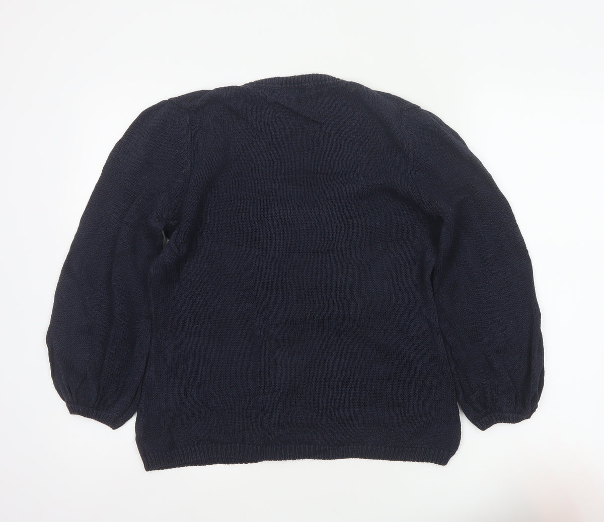 Boden Women Blue UK 12 Linen Silk Cable Knit Scoop Neck Balloon Sleeve Jumper