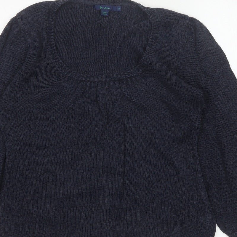 Boden Women Blue UK 12 Linen Silk Cable Knit Scoop Neck Balloon Sleeve Jumper