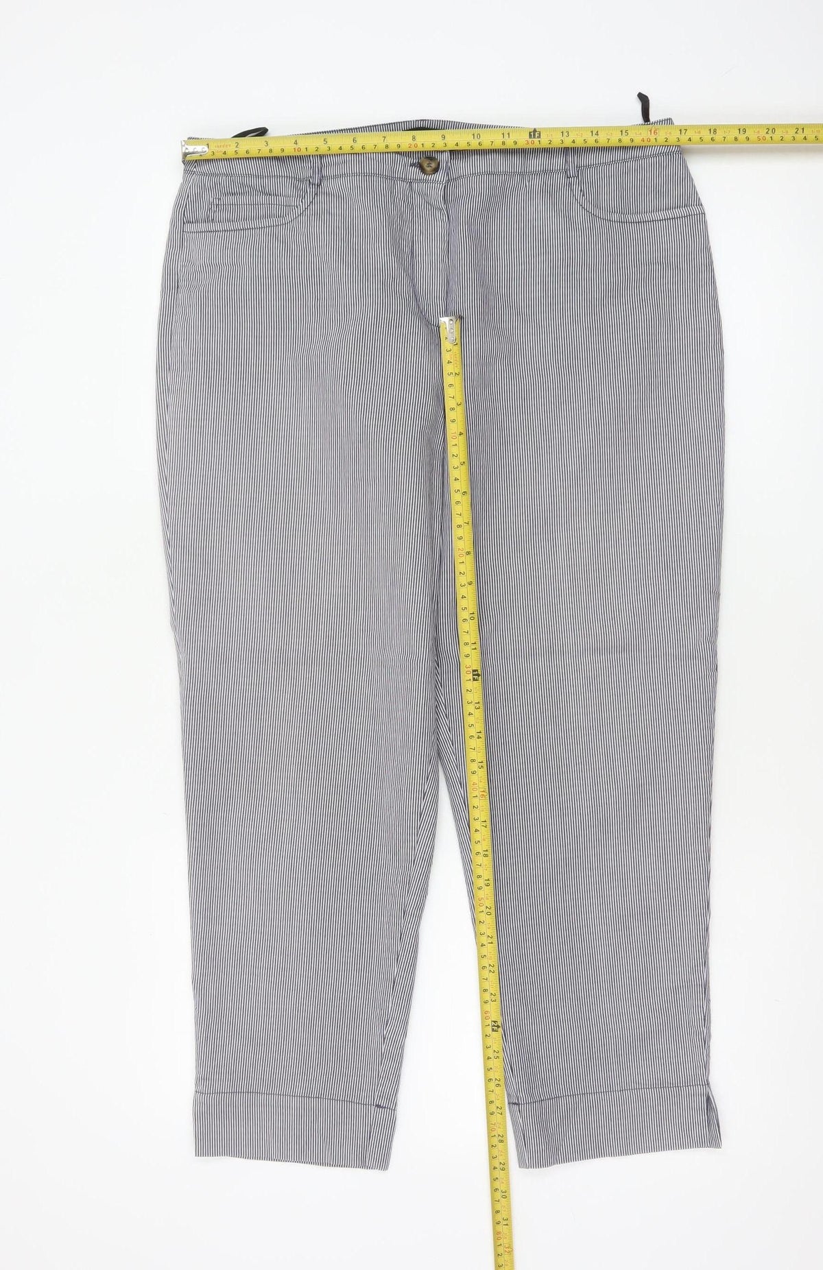 Jaeger Women Blue Pinstripe Chino Trousers UK 14 Tapered Cuffed