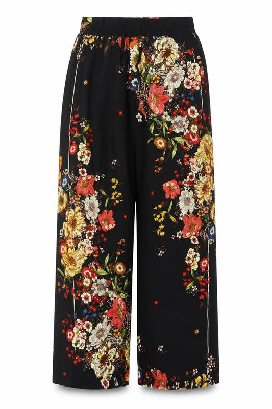 Front view of Joan Vass Women Black Floral Wide-Leg Trousers, size M, Elastic Waist