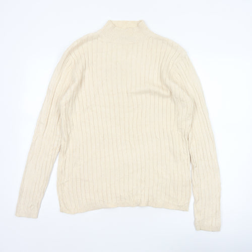 Hawkshead Men’s Ivory Cotton Rib Knit Mock Neck Pullover Jumper L