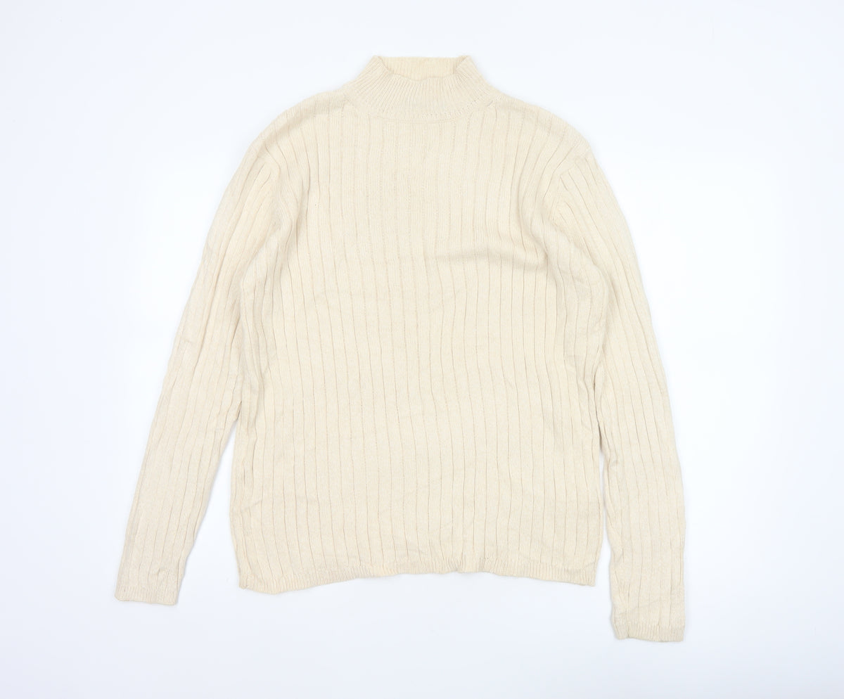 Hawkshead Men’s Ivory Cotton Rib Knit Mock Neck Pullover Jumper L