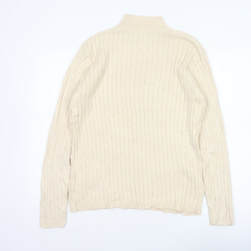 Hawkshead Men’s Ivory Cotton Rib Knit Mock Neck Pullover Jumper L