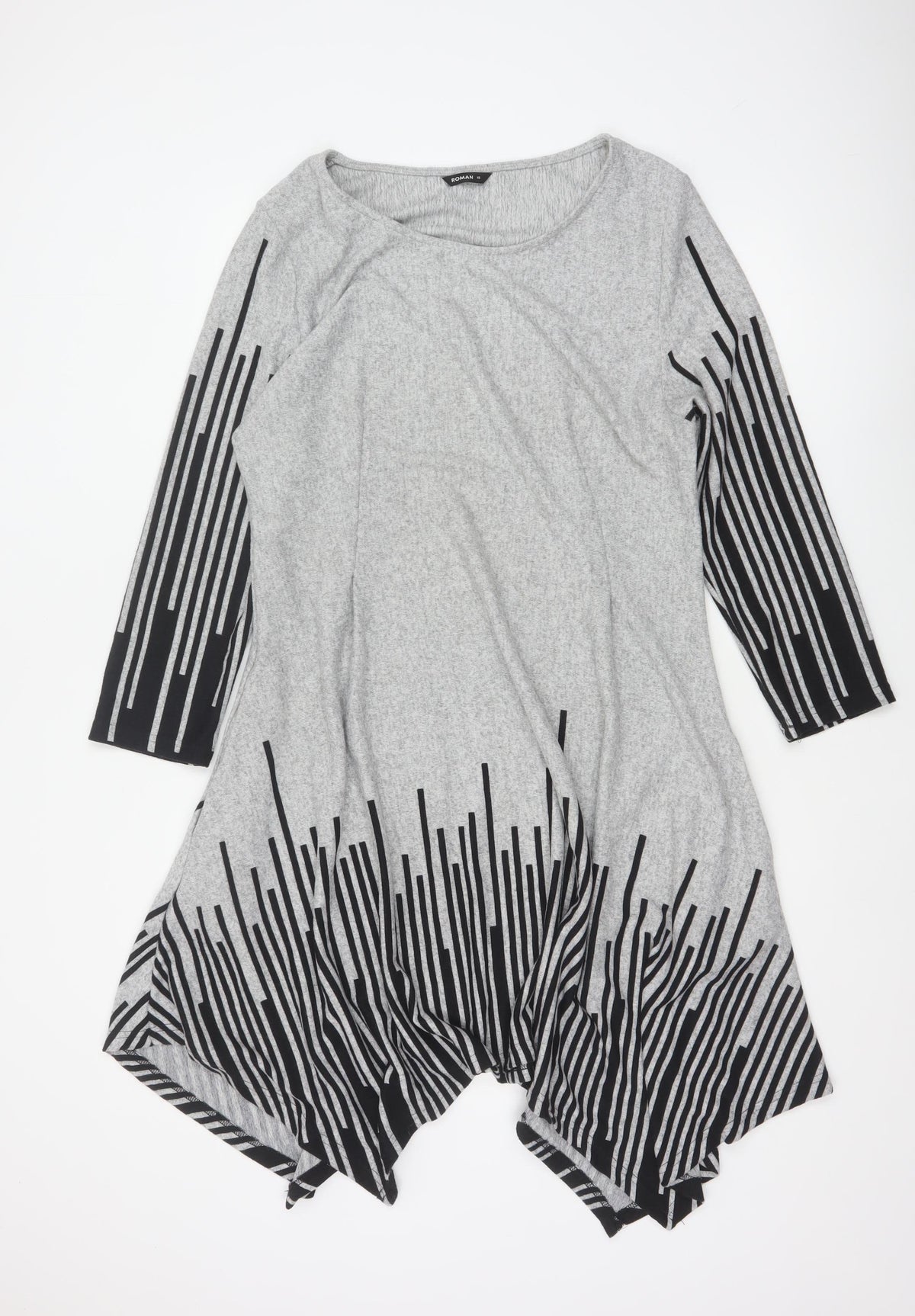 Roman Women Grey Black Stripe Size 18 Trapeze Swing Asymmetric Dress