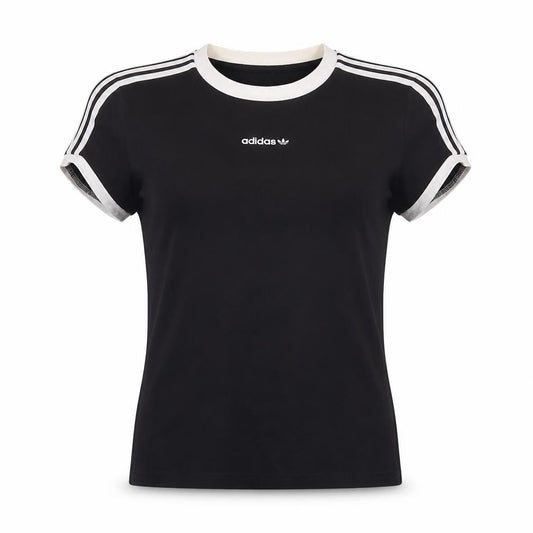 Adidas Women Black UK 10 Ringer Stripe Short Sleeve Cotton T-Shirt