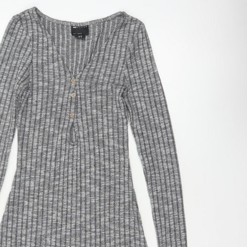 ASOS Design Women Grey Rib Knit Button Skater Dress UK 8