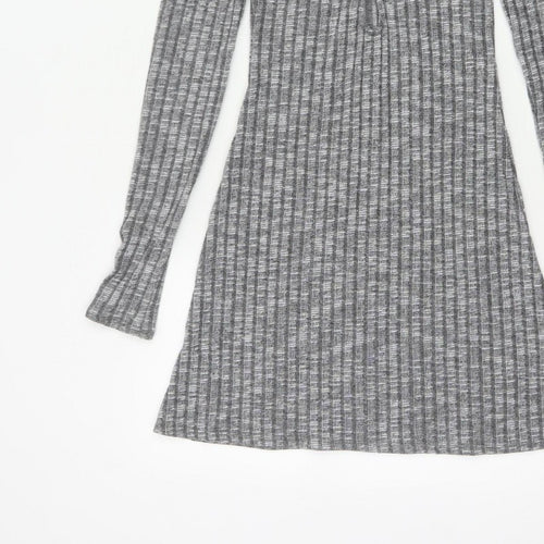 ASOS Design Women Grey Rib Knit Button Skater Dress UK 8