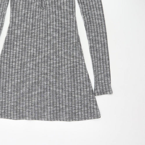 ASOS Design Women Grey Rib Knit Button Skater Dress UK 8