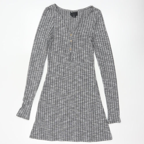 ASOS Design Women Grey Rib Knit Button Skater Dress UK 8