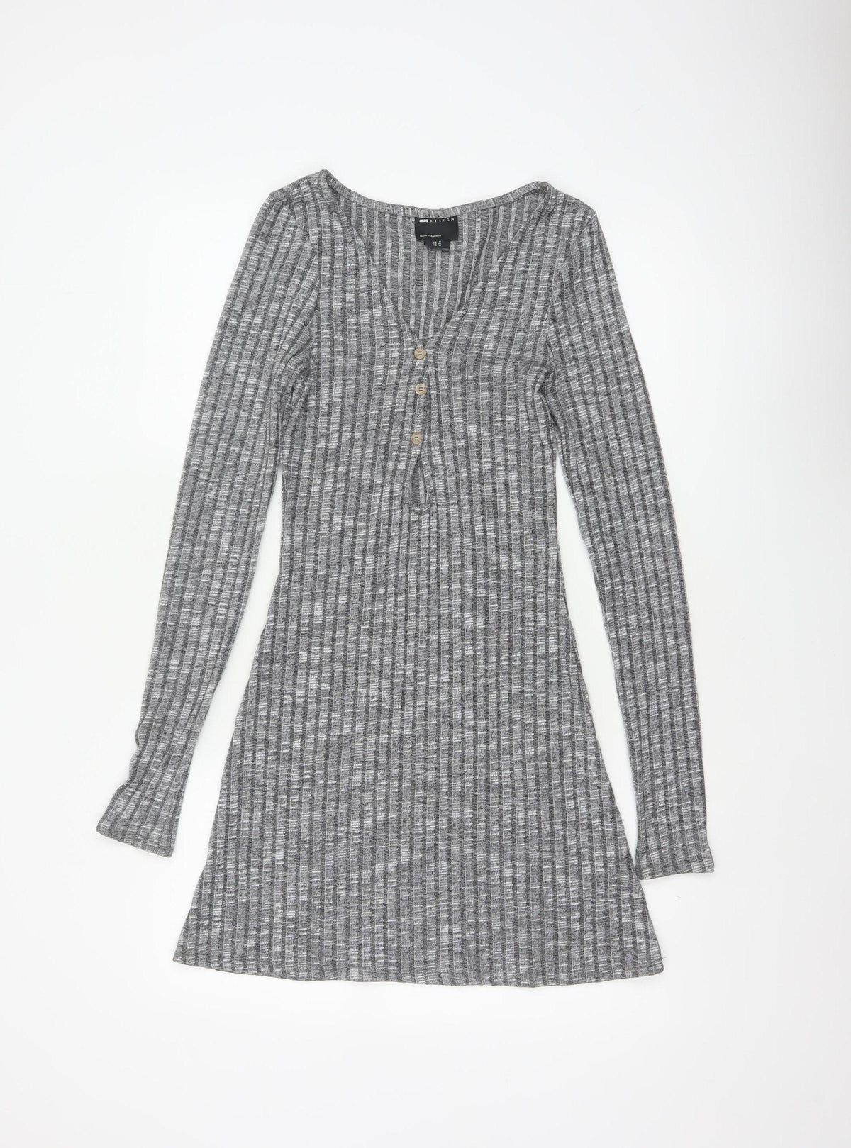 ASOS Design Women Grey Rib Knit Button Skater Dress UK 8